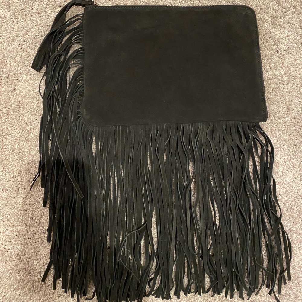 Zara Fringe Black Suede Leather Clutch